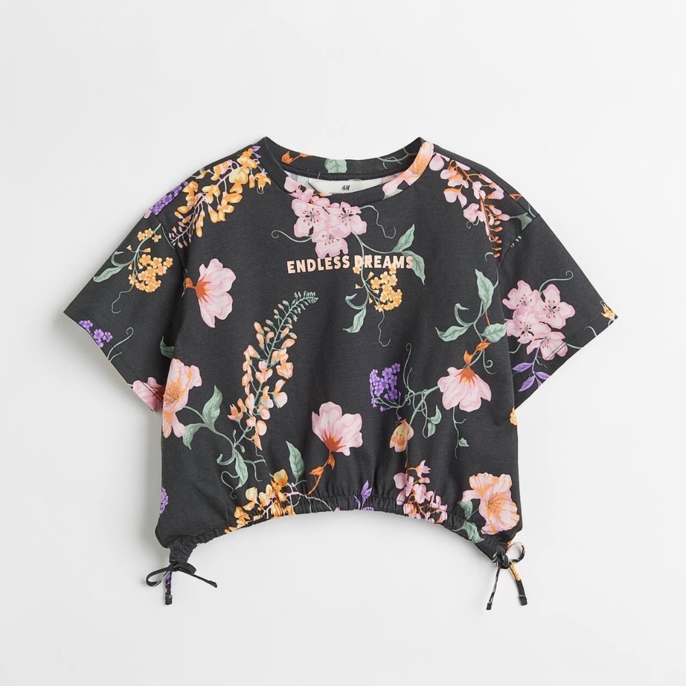 H&M Floral "Endless Dreams" Drawstring‎ Cropped T-Shirt – Girls Size 12/14